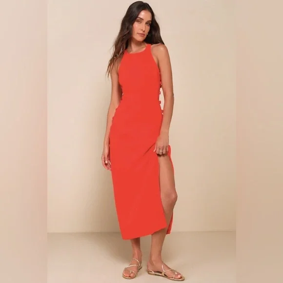 Lulus Masterfully Mod Bright Orange Side Button Midi Dress XXS NWT - Picture 7 of 9